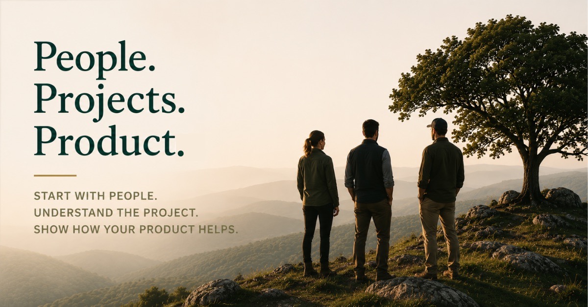 People. Projects. Product. Start with people, understand the project, then show how the product helps.